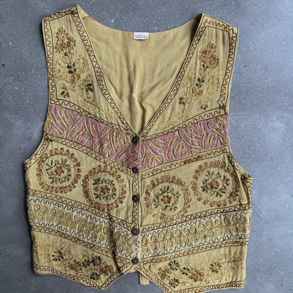 Boho Embroidered Festival Vest Mustard Gold Floral Tapestry Indie Top‎ Women - Picture 5 of 10